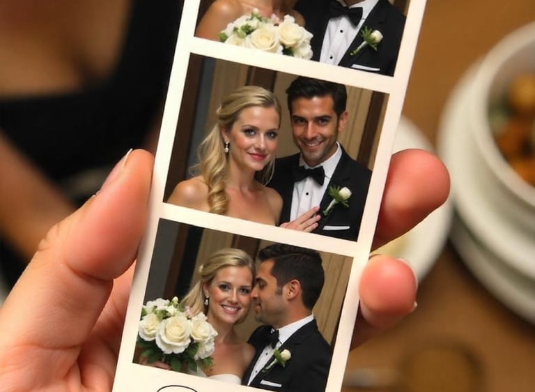 Wedding couple holding their first photo booth print together