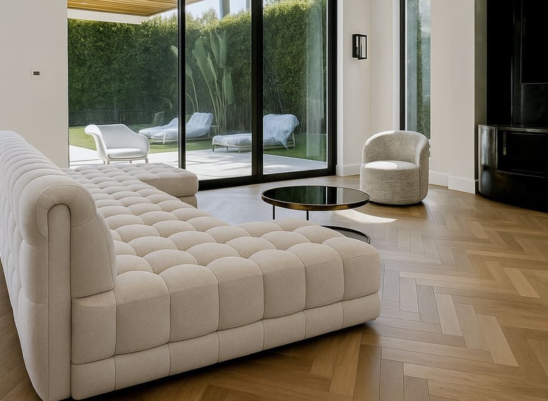 Modern living room with tufted beige sofa, round coffee table, and large glass doors to patio