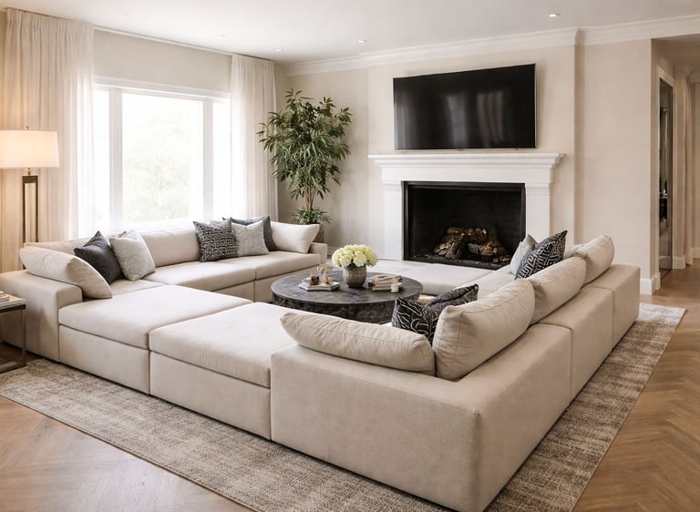 High-end cream modular sectional styled in a bright living room by Solo Home Decor