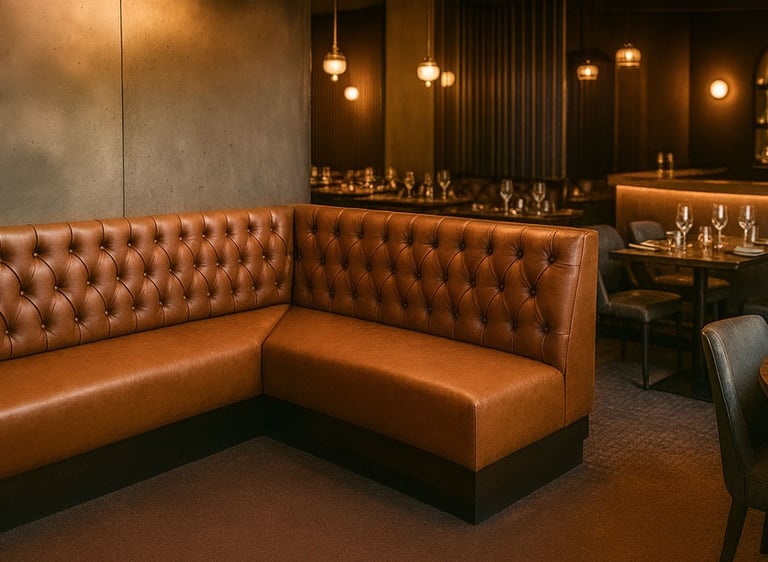 Luxurious tufted leather banquette in a fine dining restaurant setting by Solo Home Decor in Los Angeles
