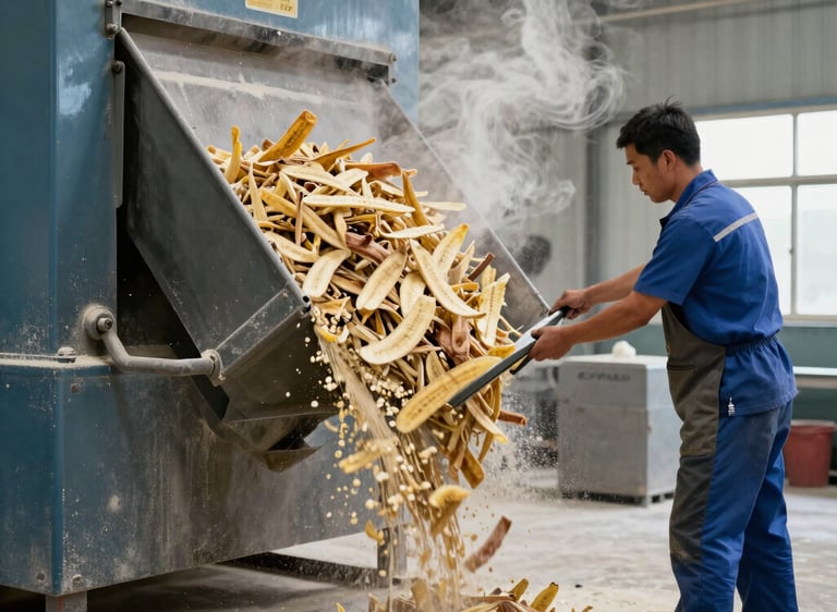 A factory worker processes banana peels into organic waste for recycling and compost production.