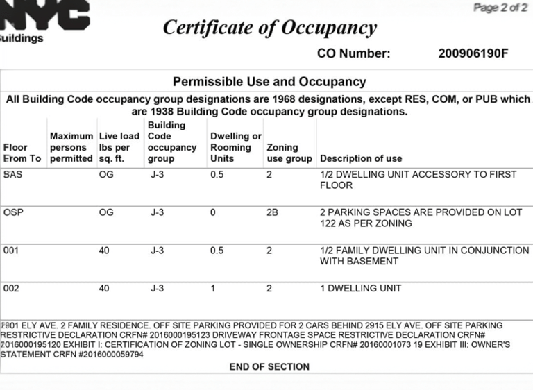 Example of a page from an Official NYC DOB Certificate of Occupancy document