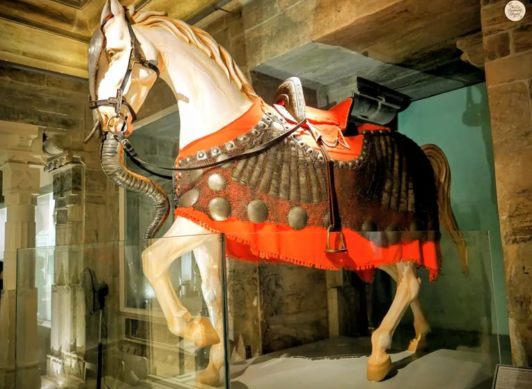Statue of Chetak, Maharana Pratap’s loyal horse, displayed in the armoury at Udaipur City Palace.