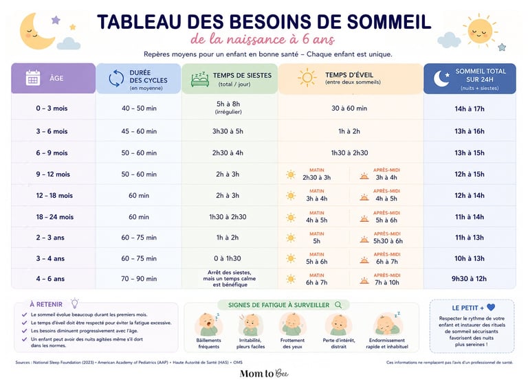 tableau des besoins sommeil bébé