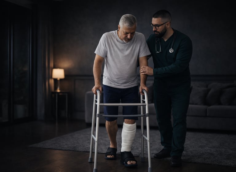 fisioterapeuta treinando marcha com paciente idoso utilizando um andador na fisioterapia domiciliar