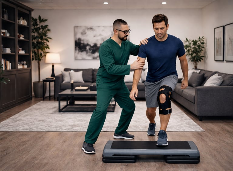 fisioterapeuta realizando exercício com um paciente com dor no joelho