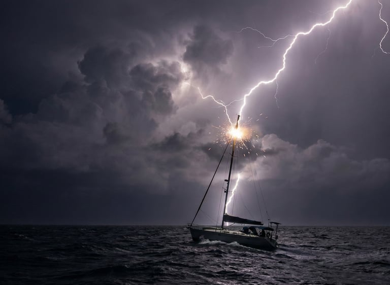 Yacht being stuck by lightning