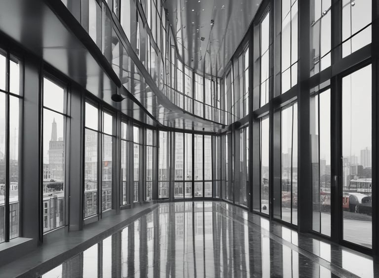 A professional cleaning a large glass window with specialized equipment on a sunny day.