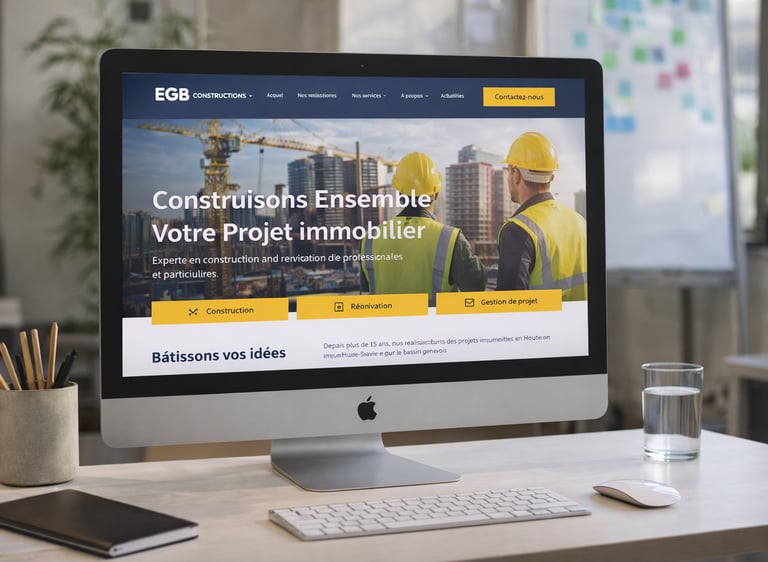 Photo d’un iMac sur un bureau affichant la page d’accueil du site “EGB Constructions”