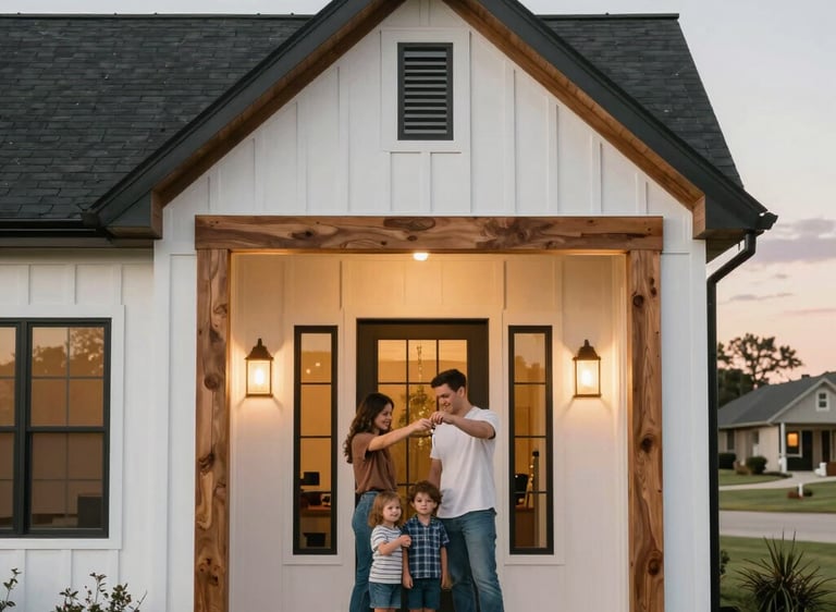 A cozy modern farmhouse with horses grazing in the background under a warm sunset.