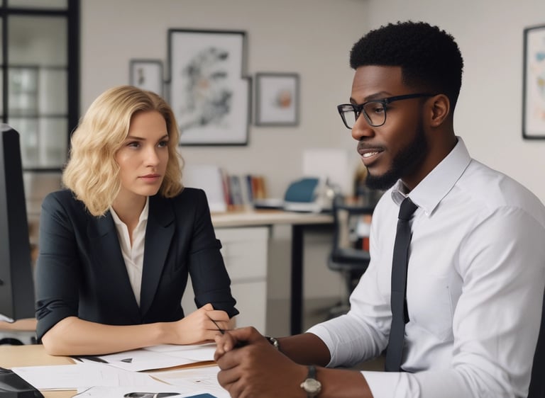 A sleek, modern office space with dark green accents and a black background, reflecting a professional consulting environment.