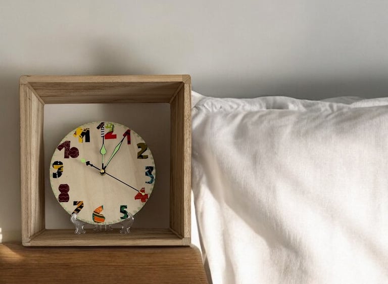 Handmade wooden clock with colorful numbers on a bedside table next to a white pillow.