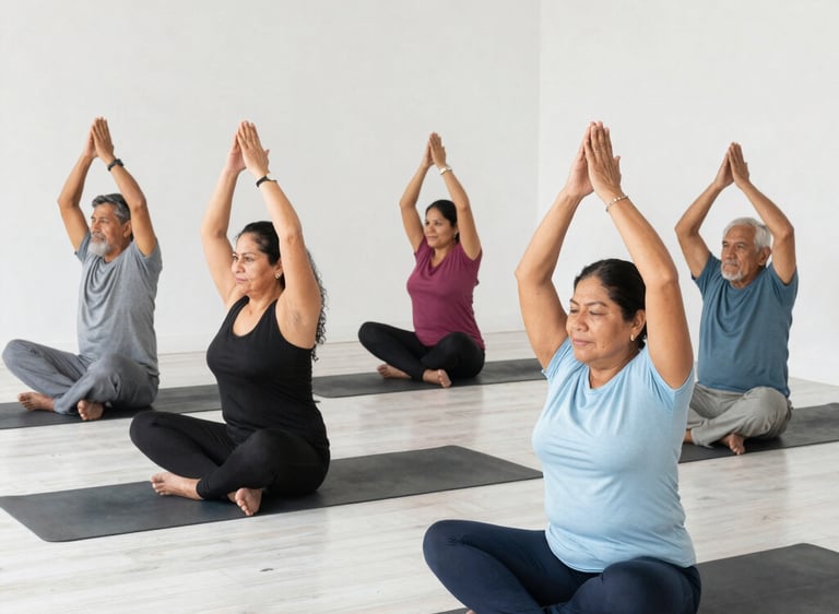 A serene yoga class in progress with participants flowing through poses in a bright studio