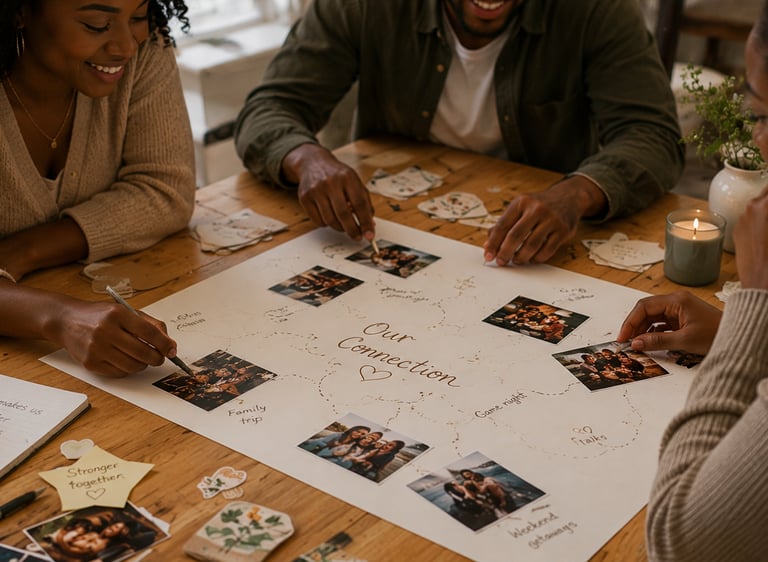 Friends sitting around a wooden table creating a DIY memory board with photos and handwritten notes.