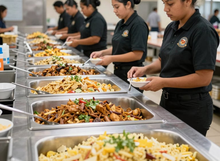 Workers packing institutional food supplies carefully.