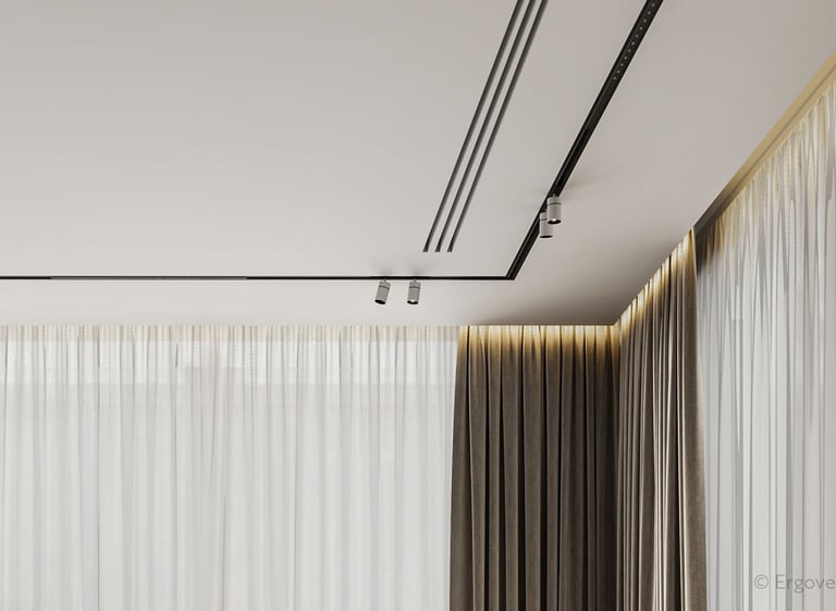 ERGOVENT LINEO PRO 160 PUZZLE installed in luxury bedroom ceiling showing seamless invisible triple slot diffuser