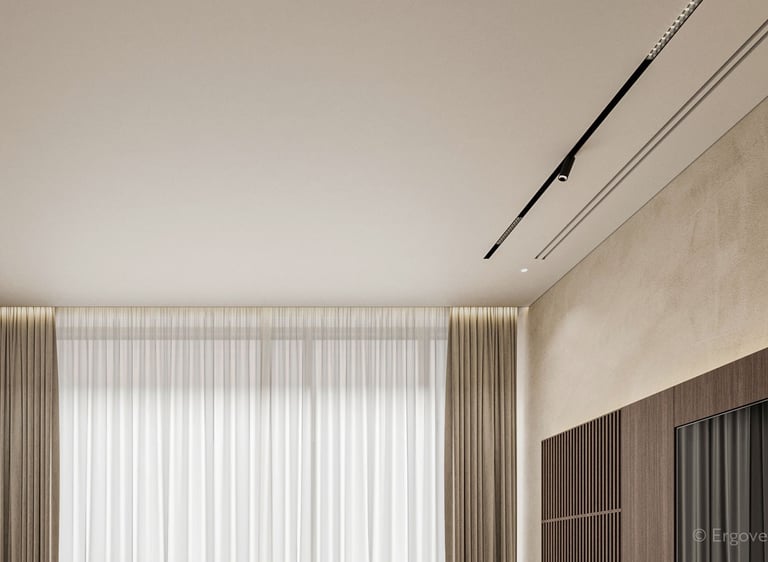 ERGOVENT LINEO PRO PUZZLE 2-slot 75x1050mm installed in luxury bedroom ceiling showing seamless dual slot diffuser