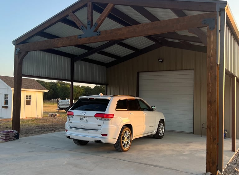 Covered carport with wooden beams.