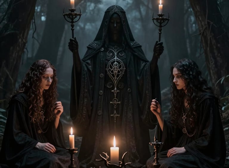 A swirling mist over a blackened forest under a blood-red moon.