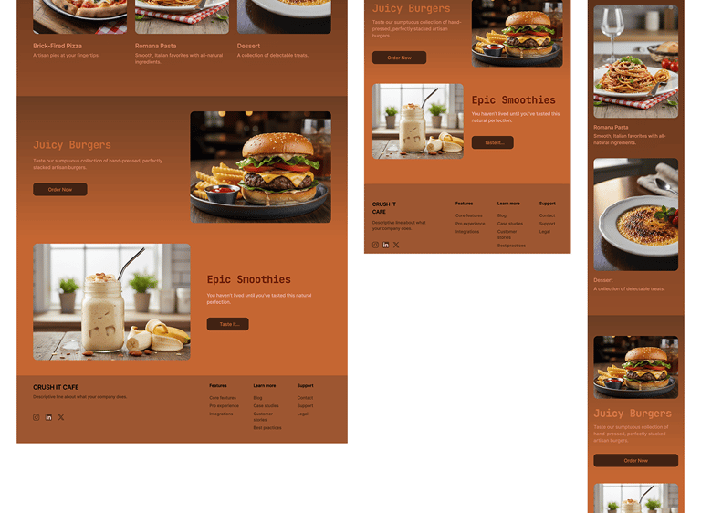 Crush It Cafe website design layout showing pizza, juicy burgers, and smoothies.