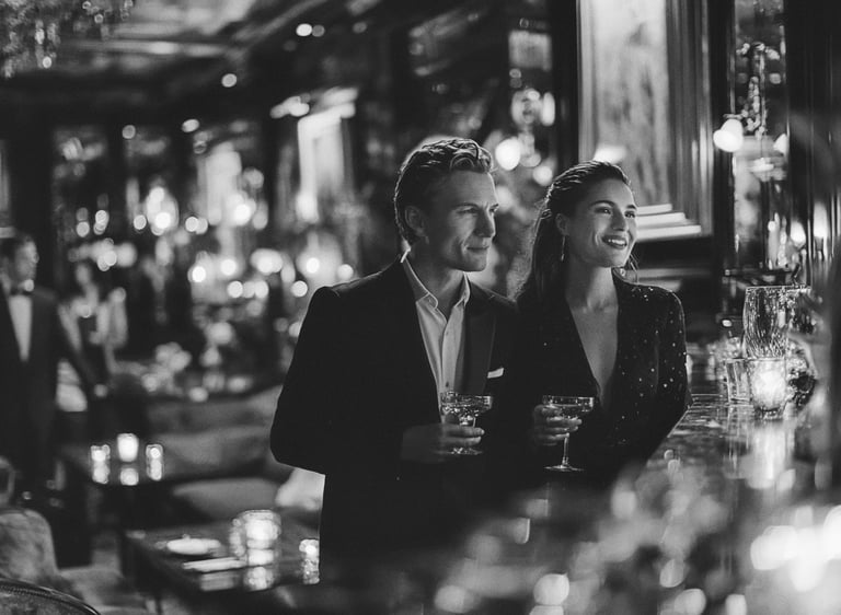 Elegant couple in formal attire holding cocktails at a luxurious, dimly lit upscale bar.