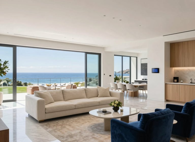A sleek, minimalist living room in a luxury estate bathed in natural light, showcasing subtle navy and gold accents.