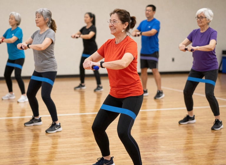 A joyful group of older adults exercising together in a bright, airy studio.