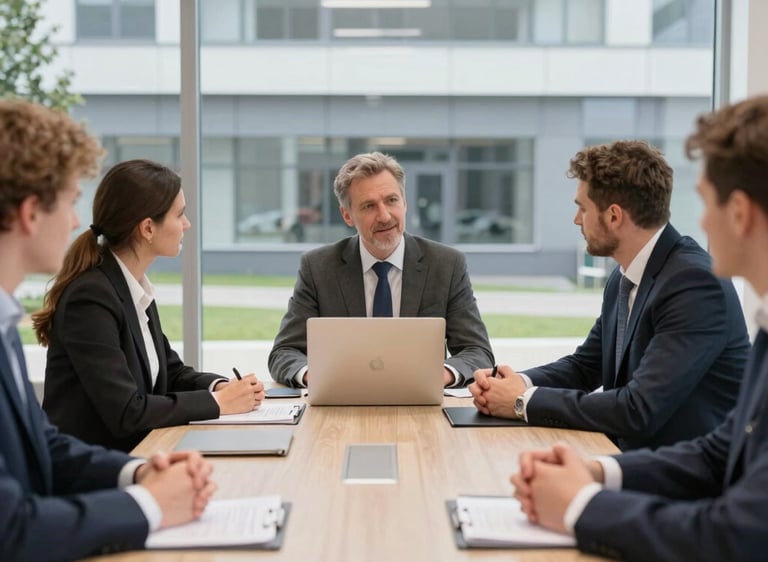 Zebranie w biurze pięć osób przy stole konferencyjnym w czasie narady