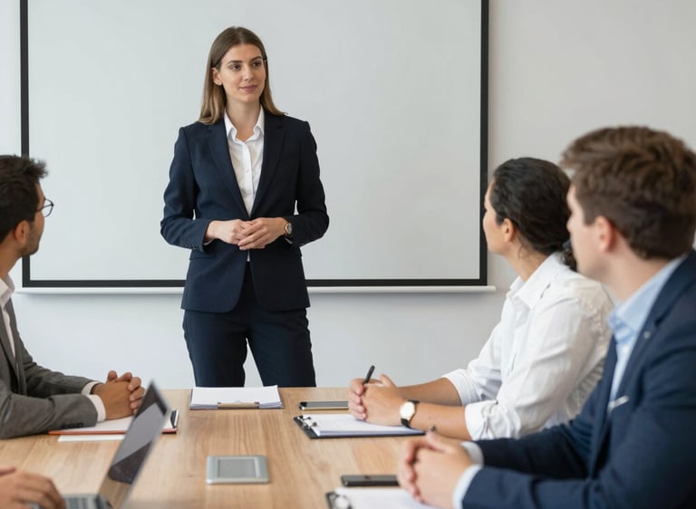 Prezentacja kobiety przed zespołem w biurze
