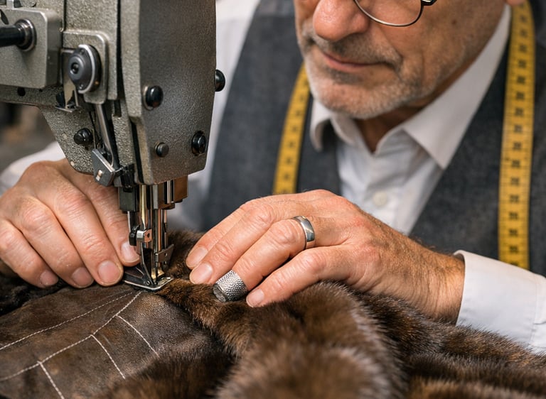 Pelliciaio esperto che effettua una rimessa a modello su una vecchia pelliccia