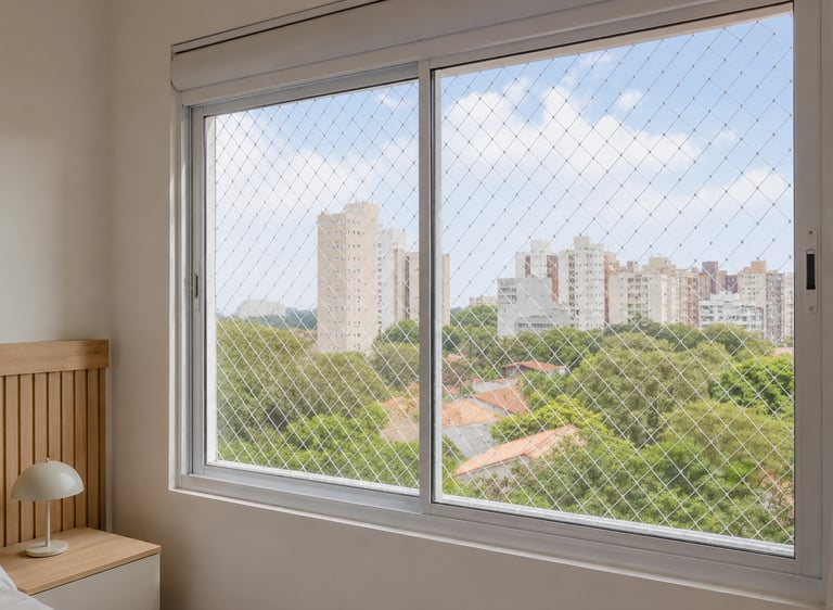 Janela residencial com rede de proteção instalada