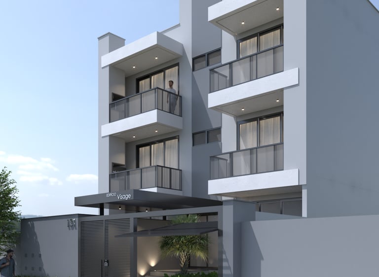 a modern apartment building with a car parked in front of it