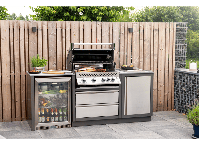 Custom Napoleon Oasis kitchen configuration with an under counter fridge and storage drawers