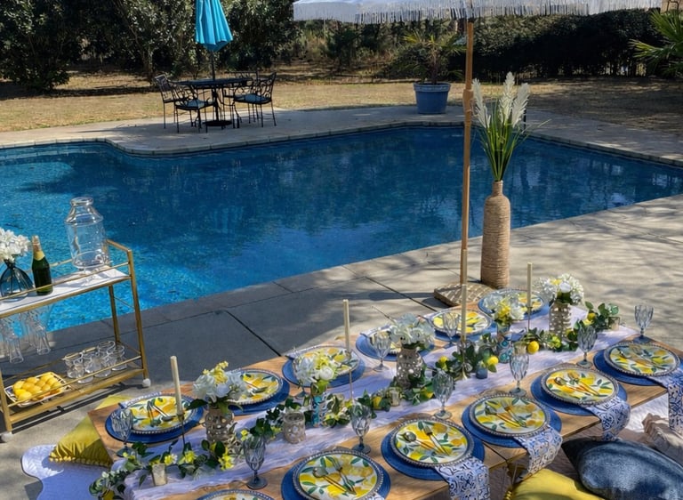 Large 12 place settings luxury picnic Italian blue yellow white lemon garden party Gathered Grace 