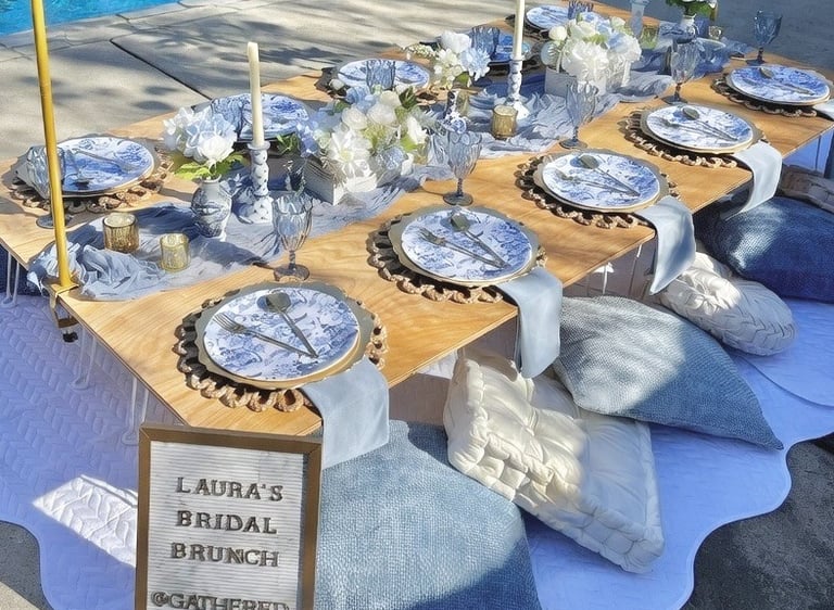 Blue & white toile china styled luxury picnic Southern elegant gatherings by Gathered Grace Picnic