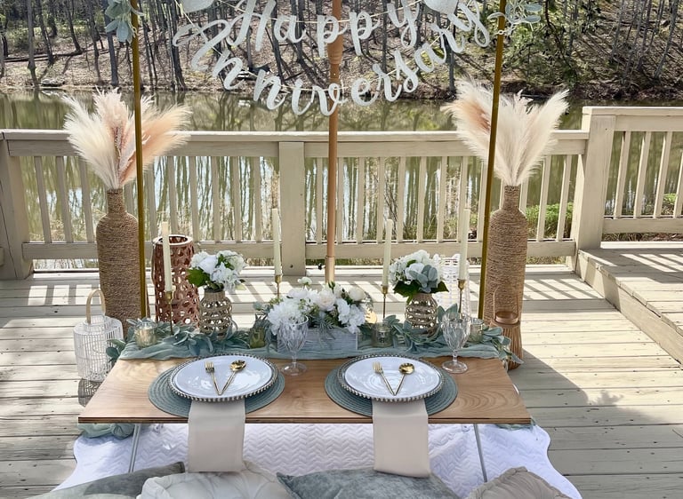 Romantic luxury picnic experience for two, date idea or anniversary proposal setup in North Georgia