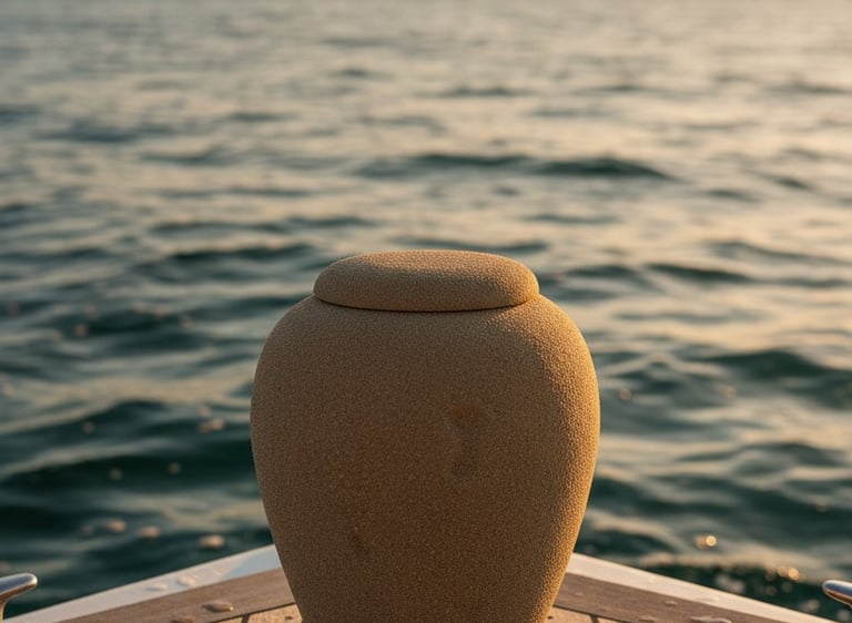 urna funerária com cinzas preparada para cerimónia de dispersão no mar após cremação