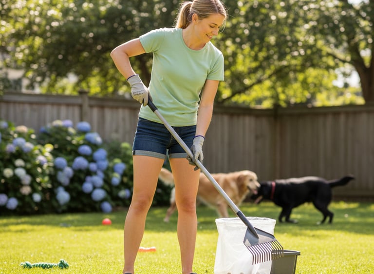a woman is cleaning a lawn with a shovel