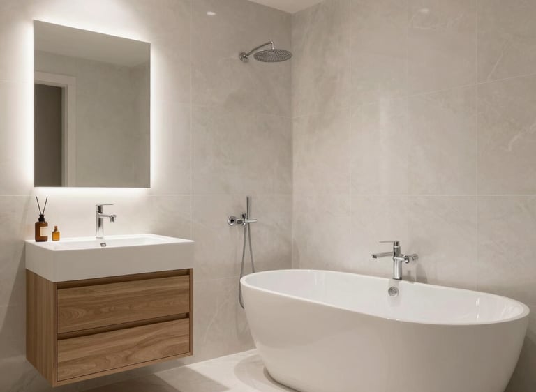 Modern luxury bathroom featuring a freestanding white soaking tub and a glass walk-in shower with gold fixtures.