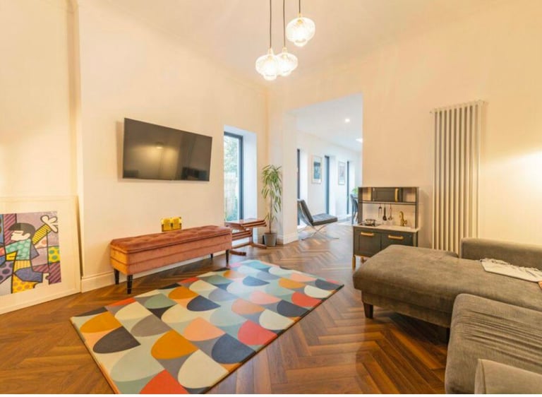 Modern living room featuring a colorful geometric rug, chevron wood flooring, and a wall-mounted TV.