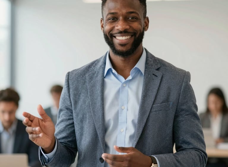 A confident person smiling while working on a business plan