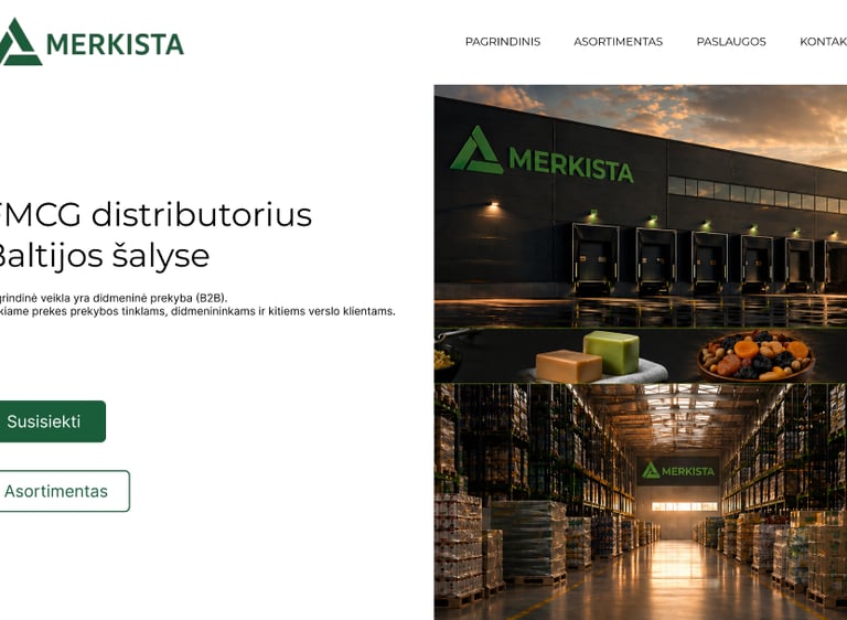 Merkista FMCG distribution warehouse in Baltics showing logistics center exterior and stocked interior shelves.
