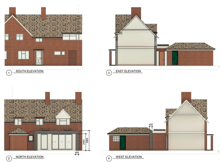 2D proposed elevations for a single story rear extension for a terrace property