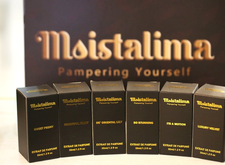 Six elegant Moistalima Extrait de Parfume boxes featuring luxury scents like Sweet Peony and Luxury Velvet.
