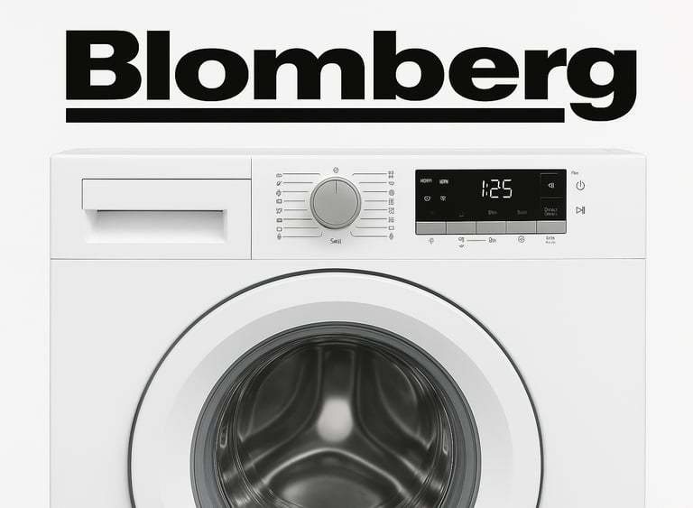 Blomberg logo above a front-loading Blomberg washing machine with a digital display, cycle selector