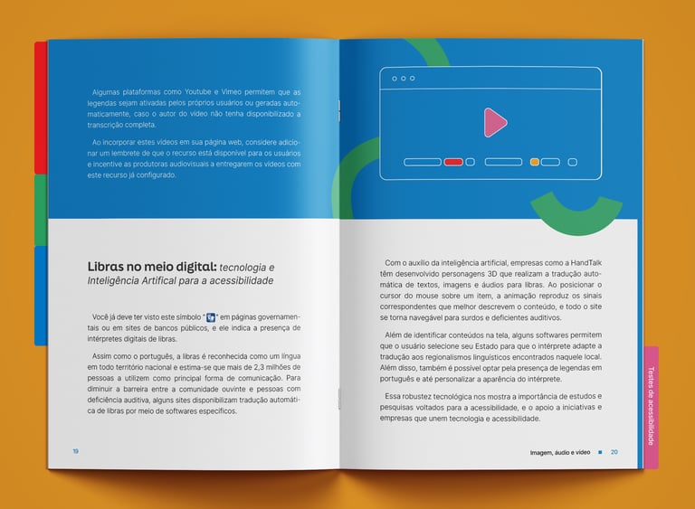A imagem mostra o guia de Web Design aberto em uma página sobre legendas em vídeo.