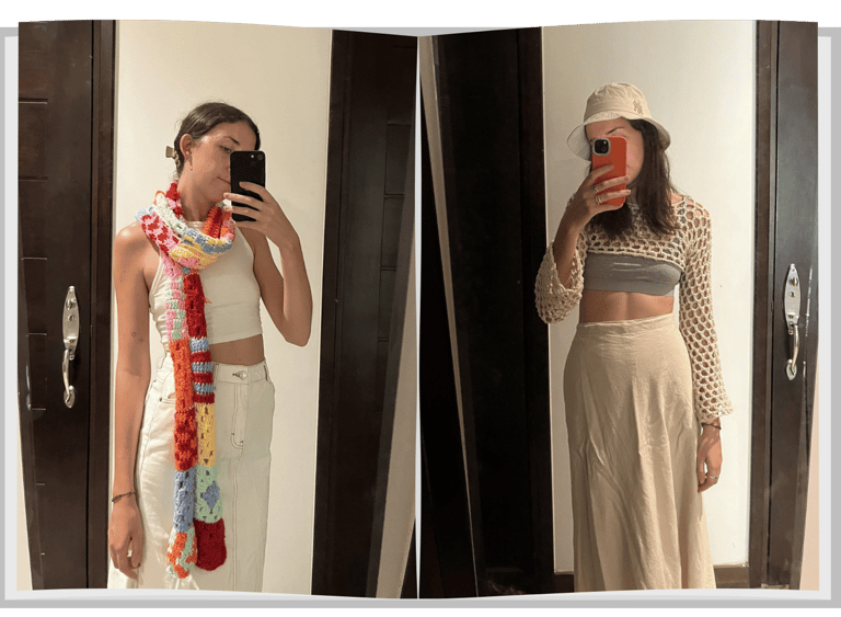 Woman, standing in the mirror, fashioning her self-made croquet scarf and long sleeved crop top