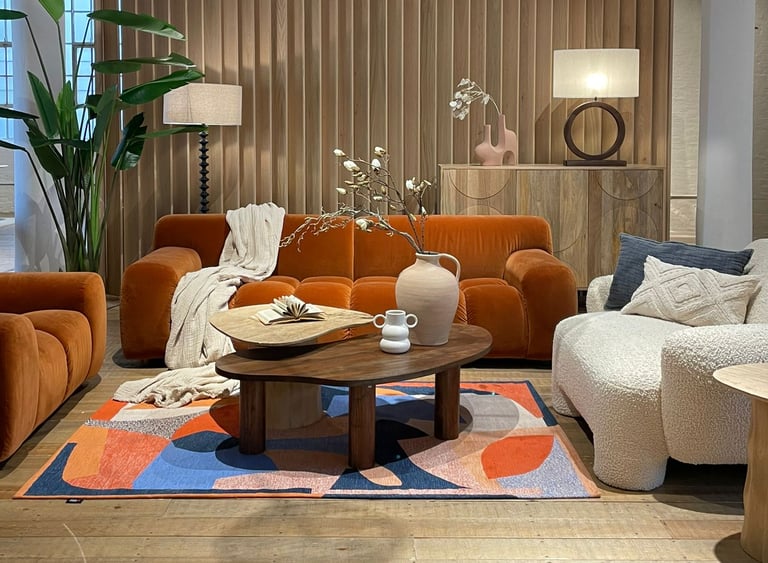 a living room with a sofa a armchair and a table and a console and accessories