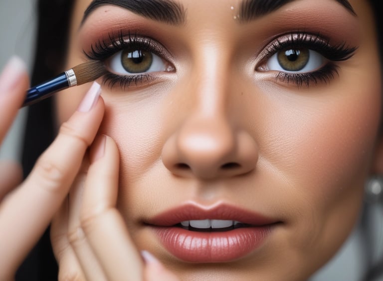 A set of clean mascara and eyeliners with green leaves in the background symbolizing natural ingredients.
