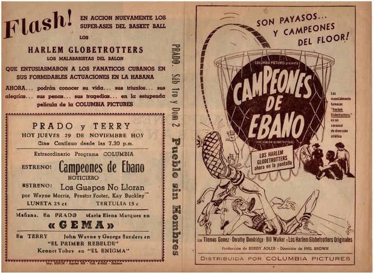 November 29th, 1951 Campeones De Ebano (The Harlem Globetrotters) Movie Playbill from the Prado & Te
